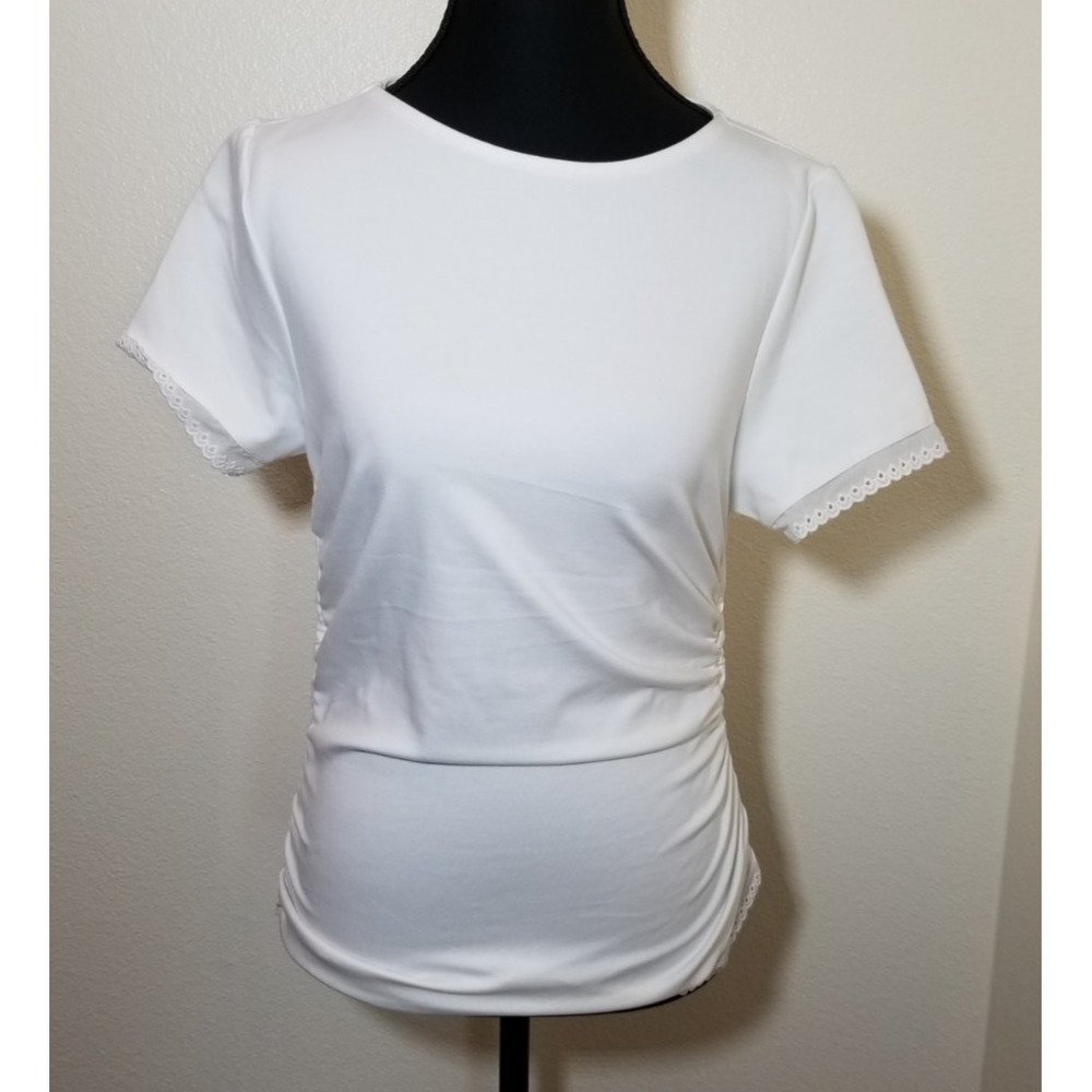 Del Ra Womens Small White Shirt Ruched Lace Preppy Minimalist Cottage Boho NWT